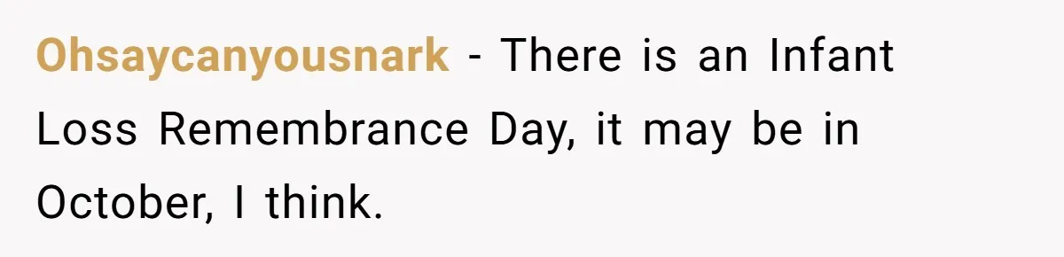 Ohsaycanyousnark − There is an Infant Loss Remembrance Day, it may be in October, I think.