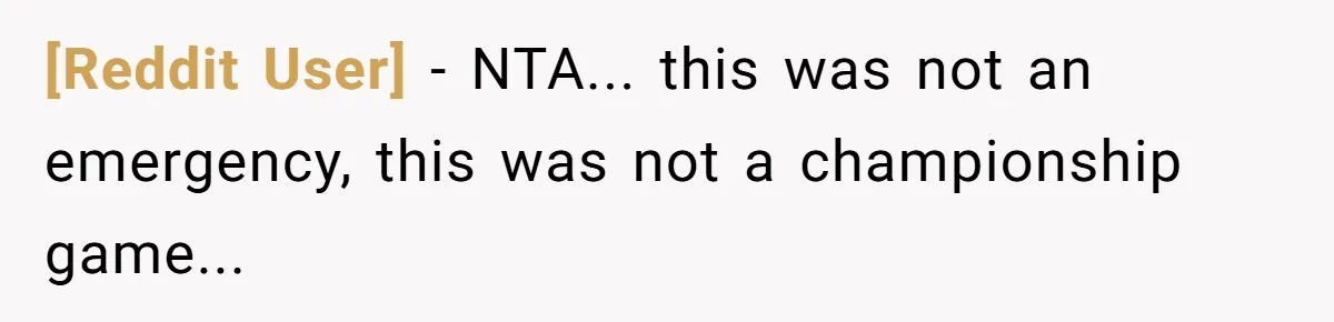 [Reddit User] − NTA... this was not an emergency, this was not a championship game...