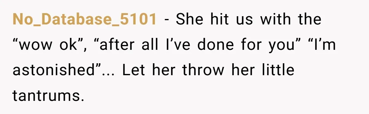 No_Database_5101 − She hit us with the “wow ok”, “after all I’ve done for you” “I’m astonished”... Let her throw her little tantrums.