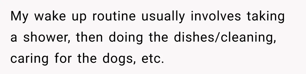 My wake up routine usually involves taking a shower, then doing the dishes/cleaning, caring for the dogs, etc.
