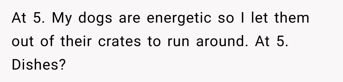 At 5. My dogs are energetic so I let them out of their crates to run around. At 5. Dishes?