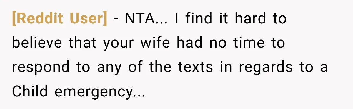 [Reddit User] − NTA... I find it hard to believe that your wife had no time to respond to any of the texts in regards to a Child emergency...