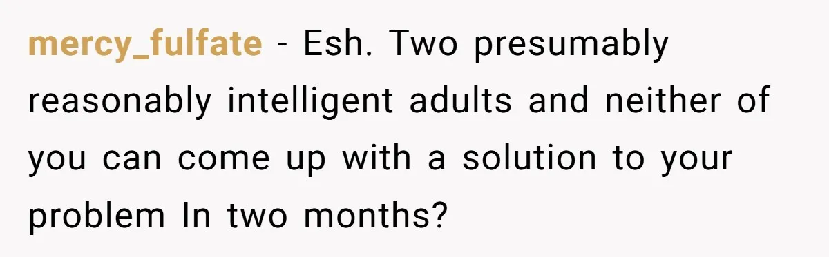 mercy_fulfate − Esh. Two presumably reasonably intelligent adults and neither of you can come up with a solution to your problem In two months?
