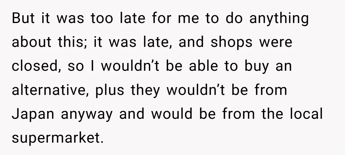 But it was too late for me to do anything about this; it was late, and shops were closed, so I wouldn’t be able to buy an alternative, plus they...