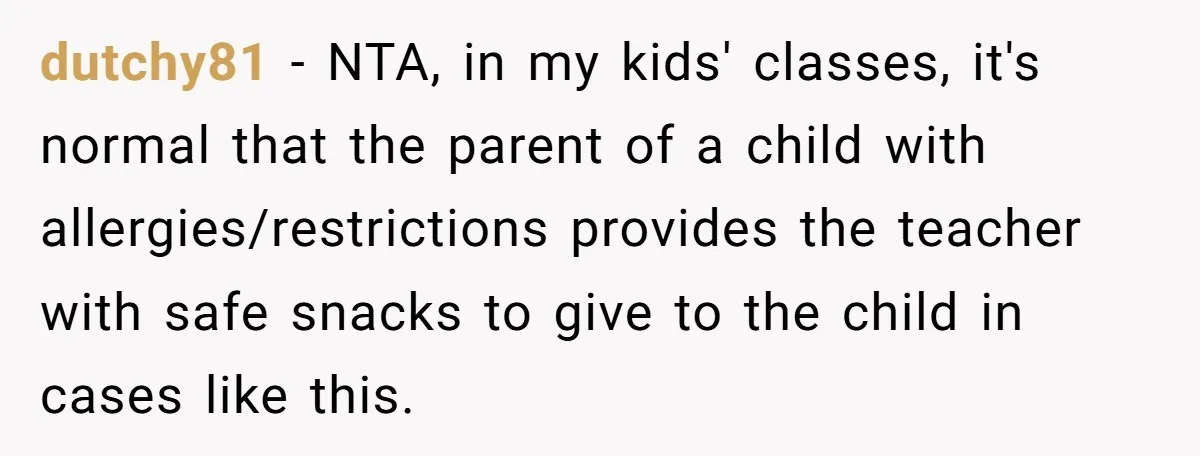dutchy81 − NTA, in my kids' classes, it's normal that the parent of a child with allergies/restrictions provides the teacher with safe snacks to give to the child in cases...
