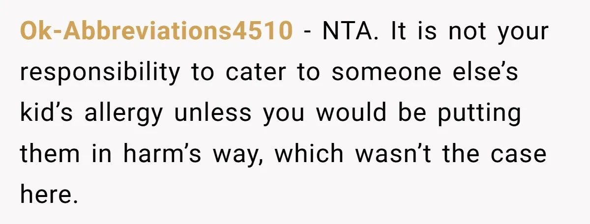 Ok-Abbreviations4510 − NTA. It is not your responsibility to cater to someone else’s kid’s allergy unless you would be putting them in harm’s way, which wasn’t the case here.