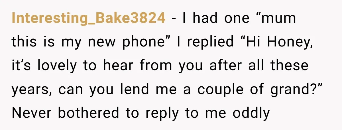 Interesting_Bake3824 − I had one “mum this is my new phone” I replied “Hi Honey, it’s lovely to hear from you after all these years, can you lend me a...