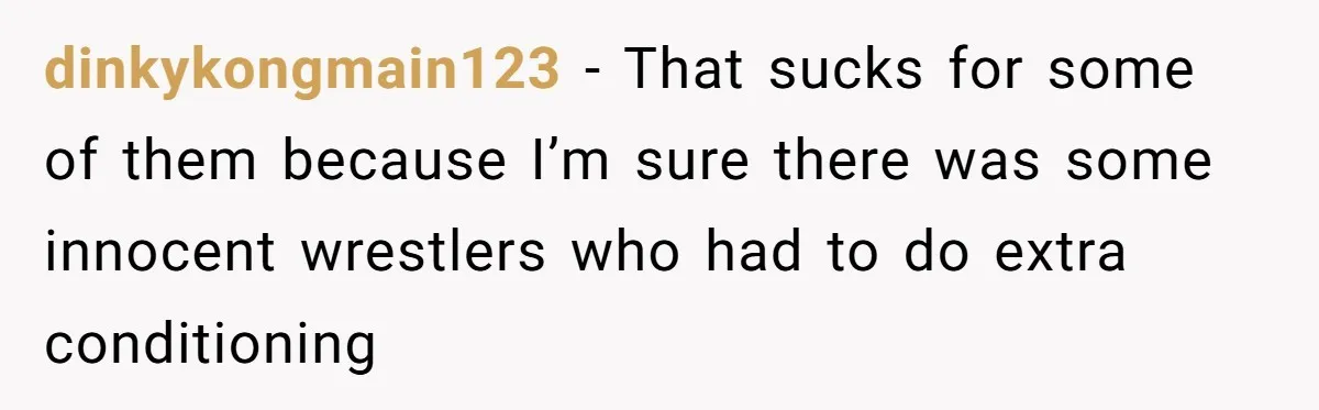 dinkykongmain123 − That sucks for some of them because I’m sure there was some innocent wrestlers who had to do extra conditioning