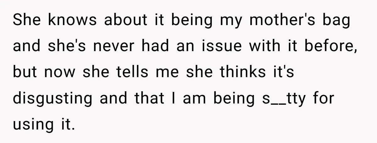 She knows about it being my mother's bag and she's never had an issue with it before, but now she tells me she thinks it's disgusting and that I am...