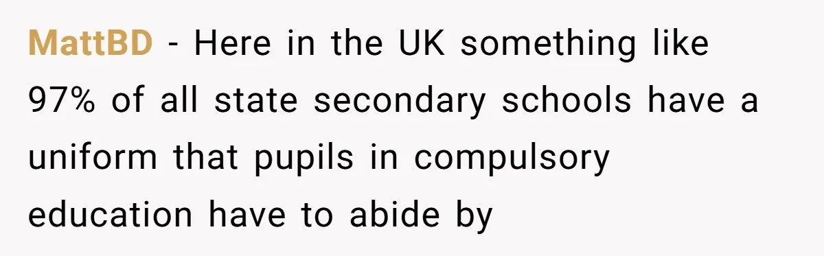 MattBD − Here in the UK something like 97% of all state secondary schools have a uniform that pupils in compulsory education have to abide by