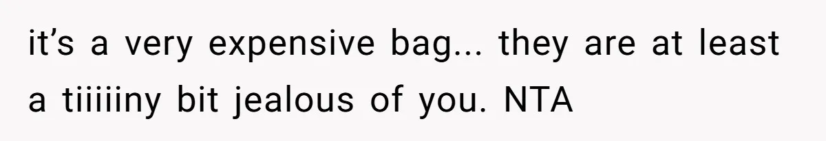 it’s a very expensive bag... they are at least a tiiiiiny bit jealous of you. NTA