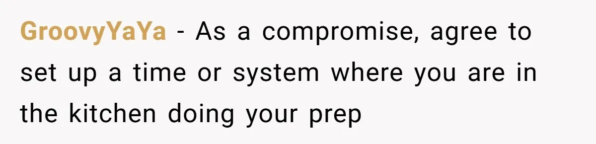 GroovyYaYa − As a compromise, agree to set up a time or system where you are in the kitchen doing your prep