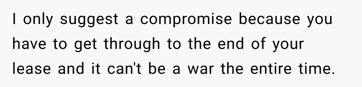 I only suggest a compromise because you have to get through to the end of your lease and it can't be a war the entire time.