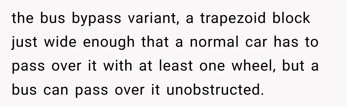 the bus bypass variant, a trapezoid block just wide enough that a normal car has to pass over it with at least one wheel, but a bus can pass over...