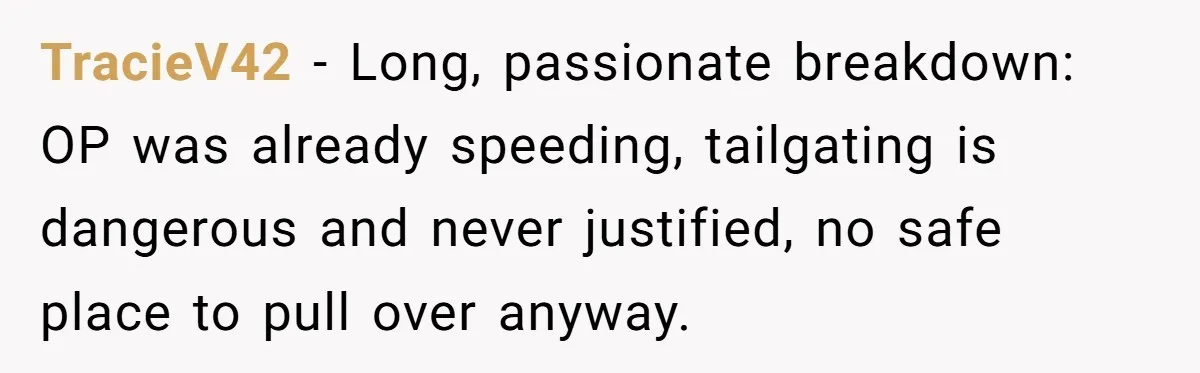 TracieV42 − Long, passionate breakdown: OP was already speeding, tailgating is dangerous and never justified, no safe place to pull over anyway.