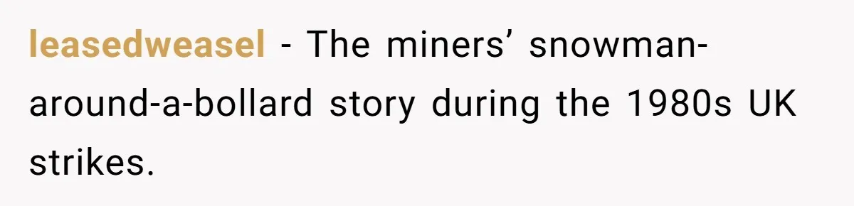 leasedweasel − The miners’ snowman-around-a-bollard story during the 1980s UK strikes.