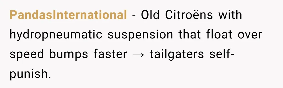 PandasInternational − Old Citroëns with hydropneumatic suspension that float over speed bumps faster → tailgaters self-punish.