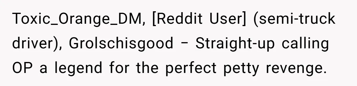 Toxic_Orange_DM, [Reddit User] (semi-truck driver), Grolschisgood − Straight-up calling OP a legend for the perfect petty revenge.