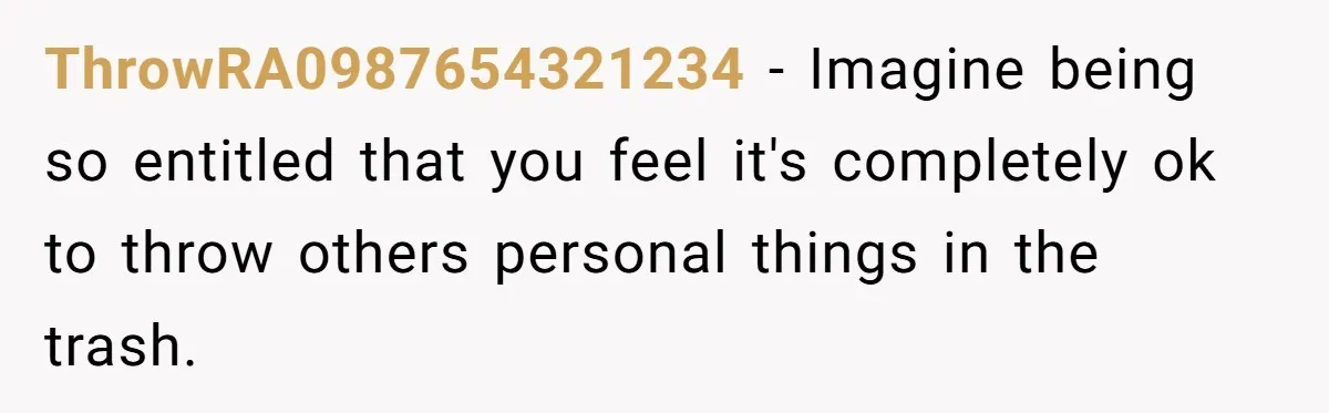 ThrowRA0987654321234 − Imagine being so entitled that you feel it's completely ok to throw others personal things in the trash.