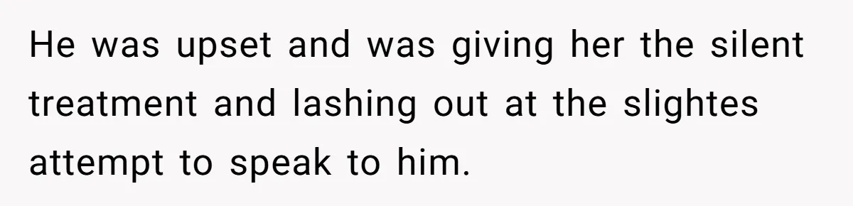 He was upset and was giving her the silent treatment and lashing out at the slightes attempt to speak to him.