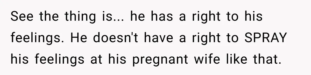 See the thing is... he has a right to his feelings. He doesn't have a right to SPRAY his feelings at his pregnant wife like that.