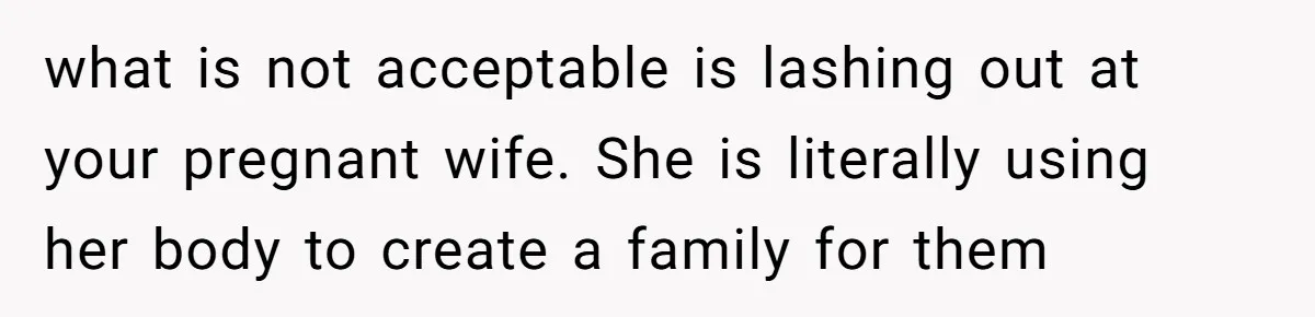 what is not acceptable is lashing out at your pregnant wife. She is literally using her body to create a family for them