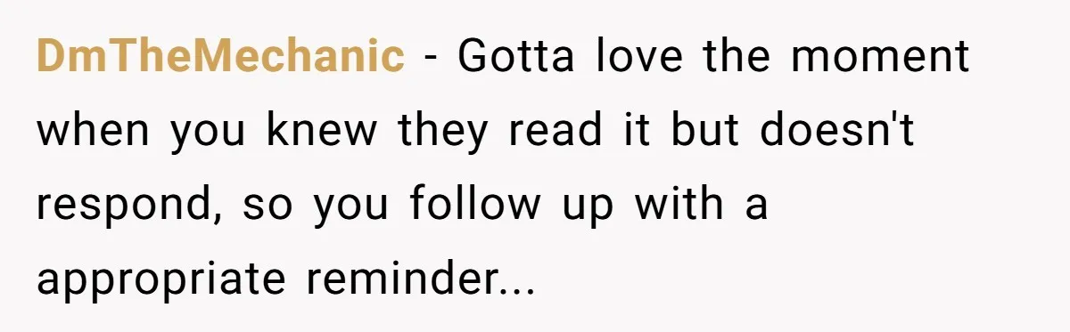 DmTheMechanic − Gotta love the moment when you knew they read it but doesn't respond, so you follow up with a appropriate reminder...