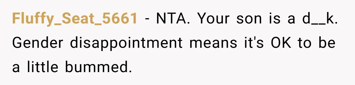 Fluffy_Seat_5661 − NTA. Your son is a d__k. Gender disappointment means it's OK to be a little bummed.