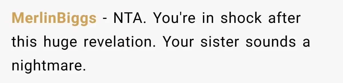 MerlinBiggs − NTA. You're in shock after this huge revelation. Your sister sounds a nightmare.
