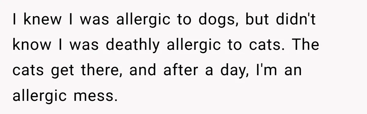 I knew I was allergic to dogs, but didn't know I was deathly allergic to cats. The cats get there, and after a day, I'm an allergic mess.