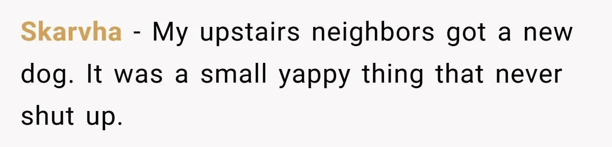 Skarvha − My upstairs neighbors got a new dog. It was a small yappy thing that never shut up.
