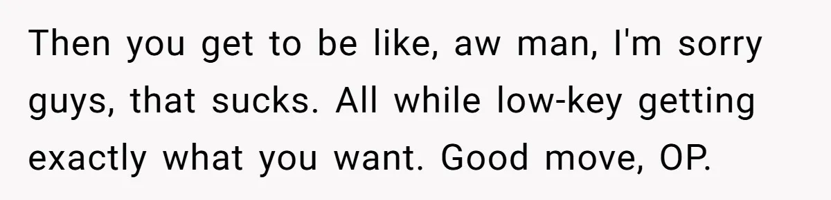 Then you get to be like, aw man, I'm sorry guys, that sucks. All while low-key getting exactly what you want. Good move, OP.