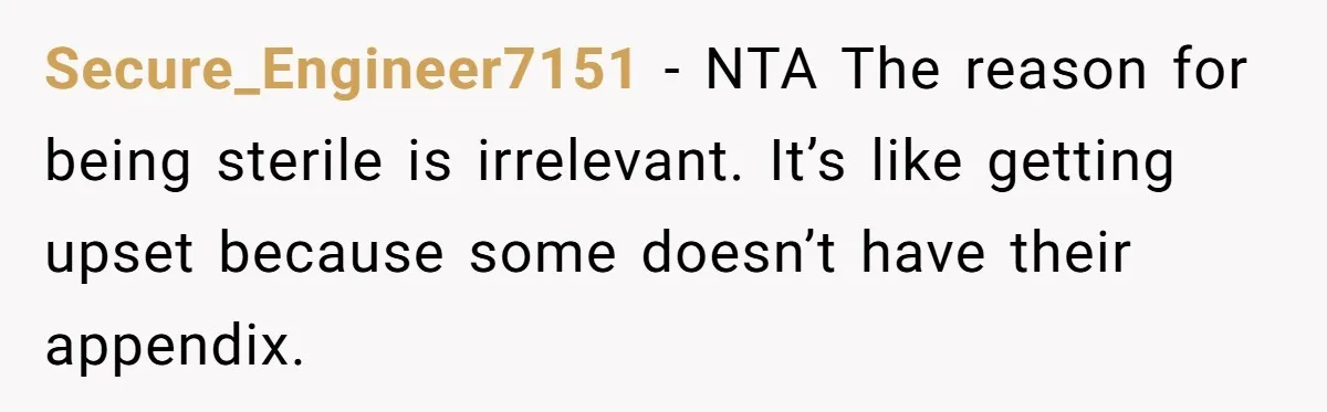 Secure_Engineer7151 − NTA The reason for being sterile is irrelevant. It’s like getting upset because some doesn’t have their appendix.