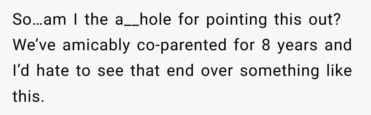 So…am I the a__hole for pointing this out? We’ve amicably co-parented for 8 years and I’d hate to see that end over something like this.