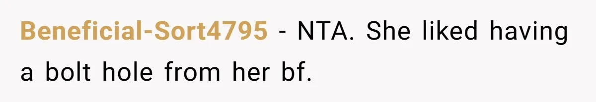 Beneficial-Sort4795 − NTA. She liked having a bolt hole from her bf.