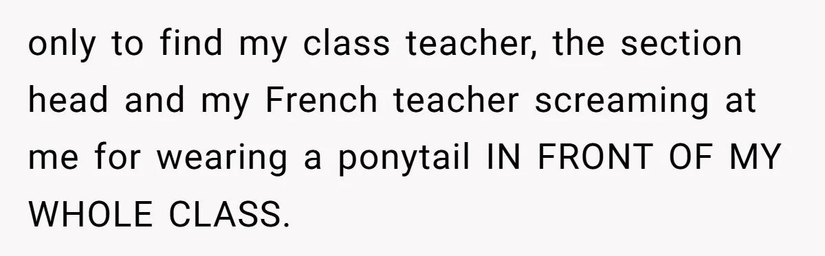 only to find my class teacher, the section head and my French teacher screaming at me for wearing a ponytail IN FRONT OF MY WHOLE CLASS.