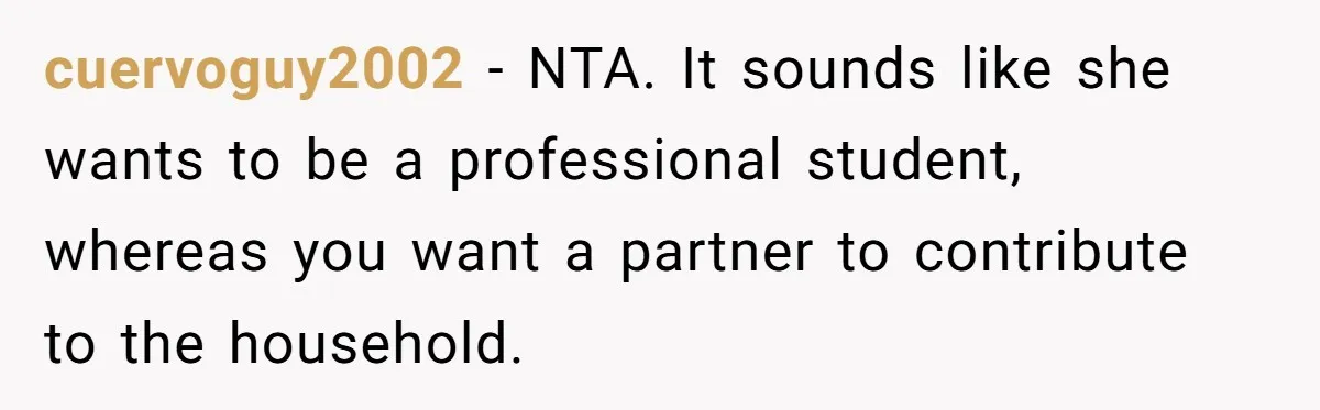 cuervoguy2002 − NTA. It sounds like she wants to be a professional student, whereas you want a partner to contribute to the household.