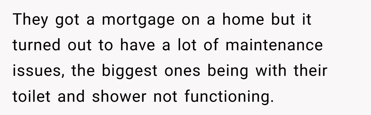 They got a mortgage on a home but it turned out to have a lot of maintenance issues, the biggest ones being with their toilet and shower not functioning.