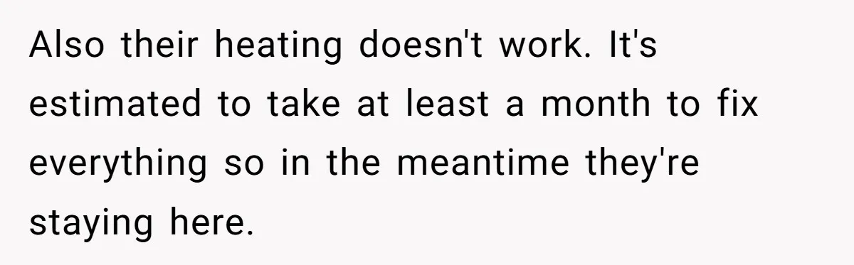 Also their heating doesn't work. It's estimated to take at least a month to fix everything so in the meantime they're staying here.