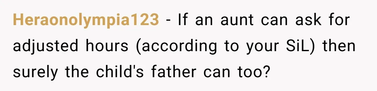 Heraonolympia123 − If an aunt can ask for adjusted hours (according to your SiL) then surely the child's father can too?