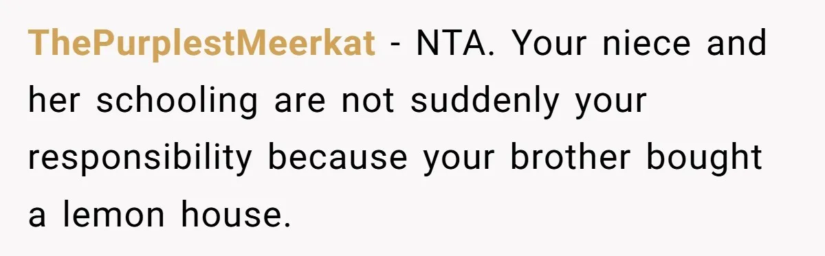 ThePurplestMeerkat − NTA. Your niece and her schooling are not suddenly your responsibility because your brother bought a lemon house.