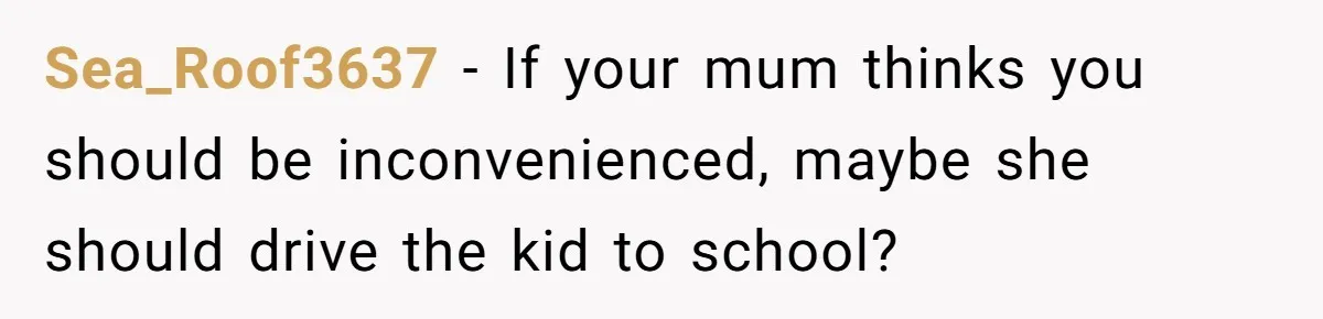 Sea_Roof3637 − If your mum thinks you should be inconvenienced, maybe she should drive the kid to school?