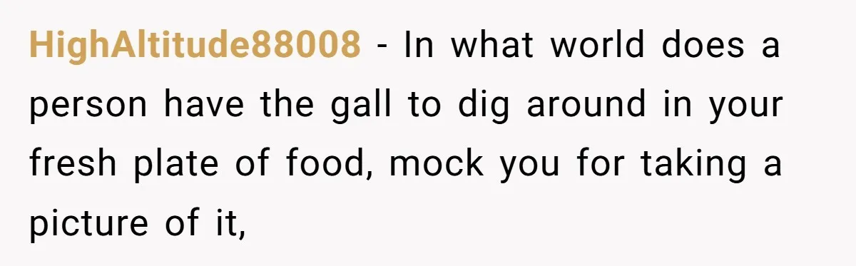 HighAltitude88008 − In what world does a person have the gall to dig around in your fresh plate of food, mock you for taking a picture of it,
