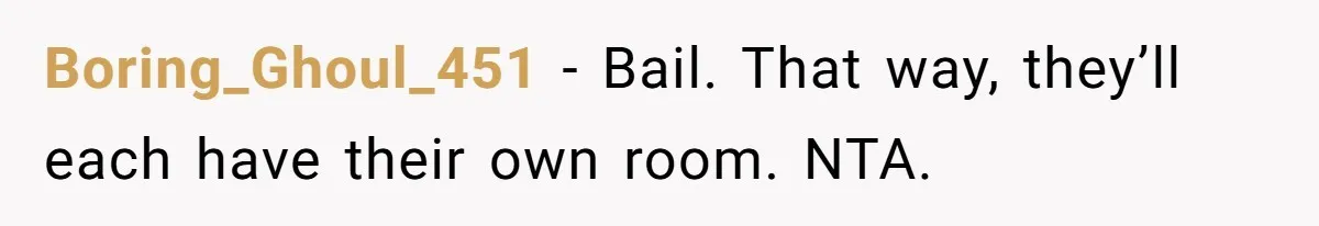 Boring_Ghoul_451 − Bail. That way, they’ll each have their own room. NTA.