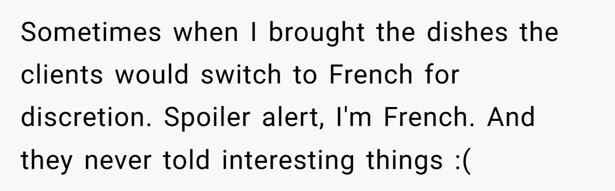 American Tourist Overhears German Couple Mocking His Stuffed Toy And Replies Fluently In Their Language Sometimes when I brought the dishes the clients would switch to French for discretion. Spoiler alert, I'm French. And they never told interesting things :(