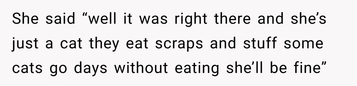 She said “well it was right there and she’s just a cat they eat scraps and stuff some cats go days without eating she’ll be fine”