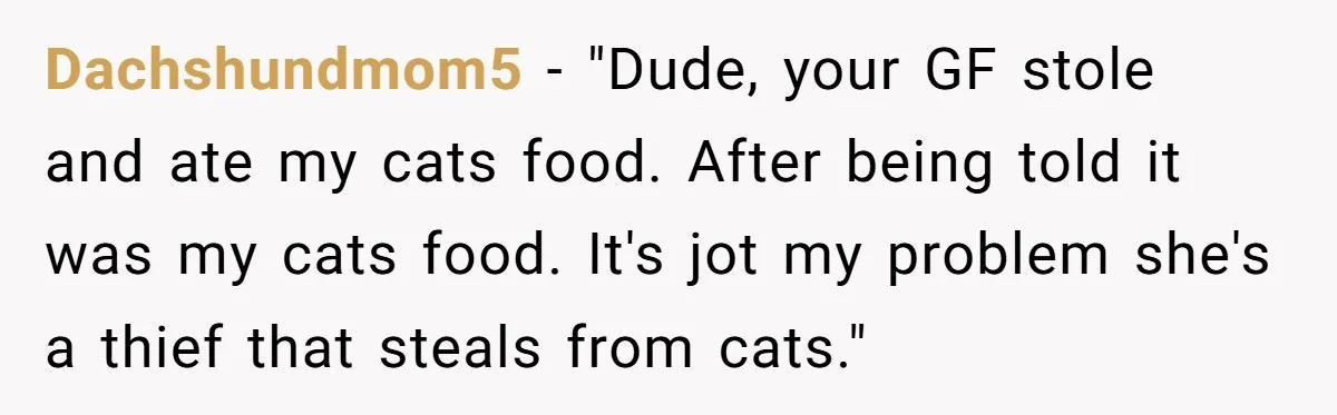 Dachshundmom5 − "Dude, your GF stole and ate my cats food. After being told it was my cats food. It's jot my problem she's a thief that steals from cats."