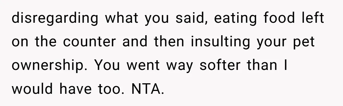 disregarding what you said, eating food left on the counter and then insulting your pet ownership. You went way softer than I would have too. NTA.