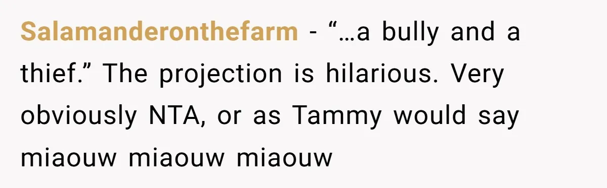 Salamanderonthefarm − “…a bully and a thief.” The projection is hilarious. Very obviously NTA, or as Tammy would say miaouw miaouw miaouw