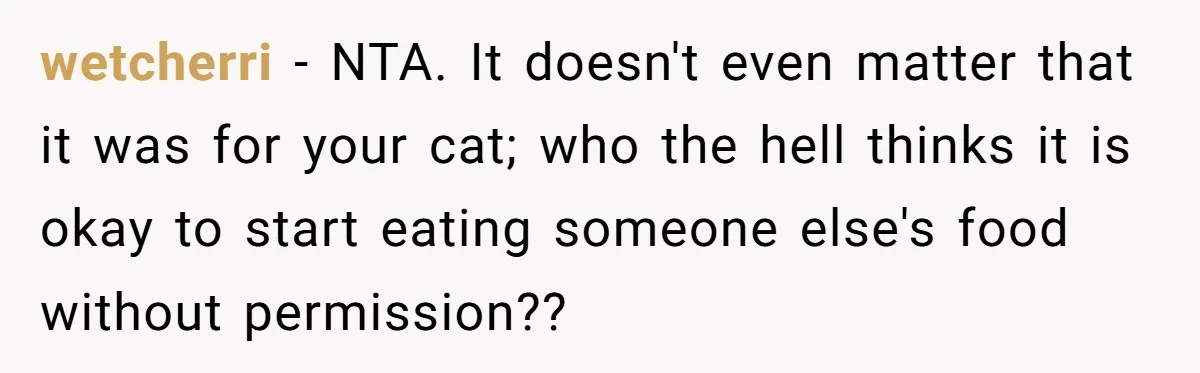 wetcherri − NTA. It doesn't even matter that it was for your cat; who the hell thinks it is okay to start eating someone else's food without permission??